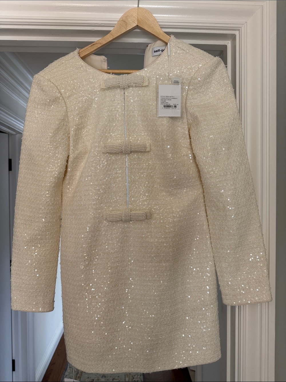 Self-Portrait Cream Sequin Bouclé Mini Dress with Pearl Bows